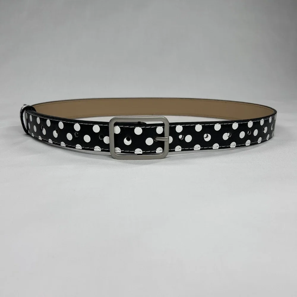 Vintage Retro Black and White Polka Dot Faux Leather Belt Silver Buckle